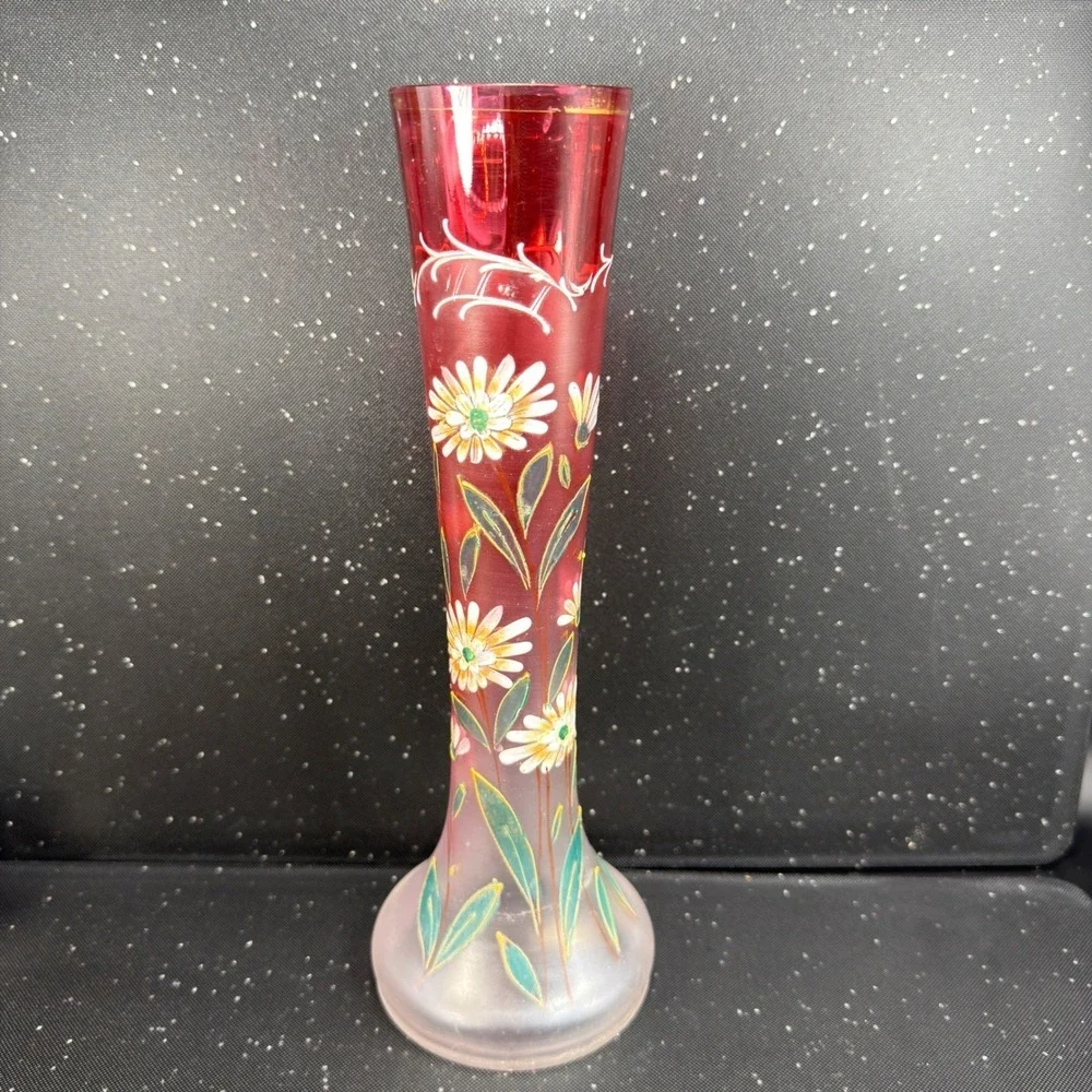 Satin Rubina Bohemian Cranberry Frosted Glass Enameled Daisy Vase 11.5 Inch